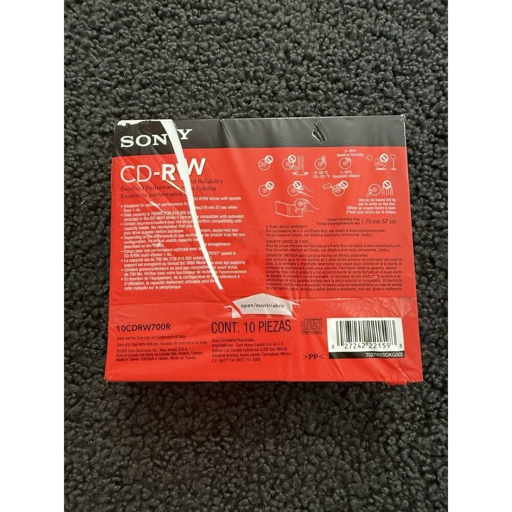 BRAND NEW SEALED Sony CD-RW 10-pack 700mb Slim Jewel Cases K